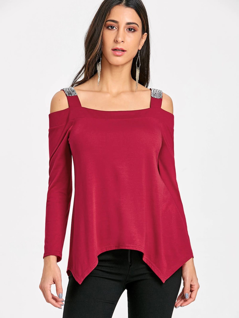 Sequins Cold Shoulder Long Sleeve T-shirt - Red-0