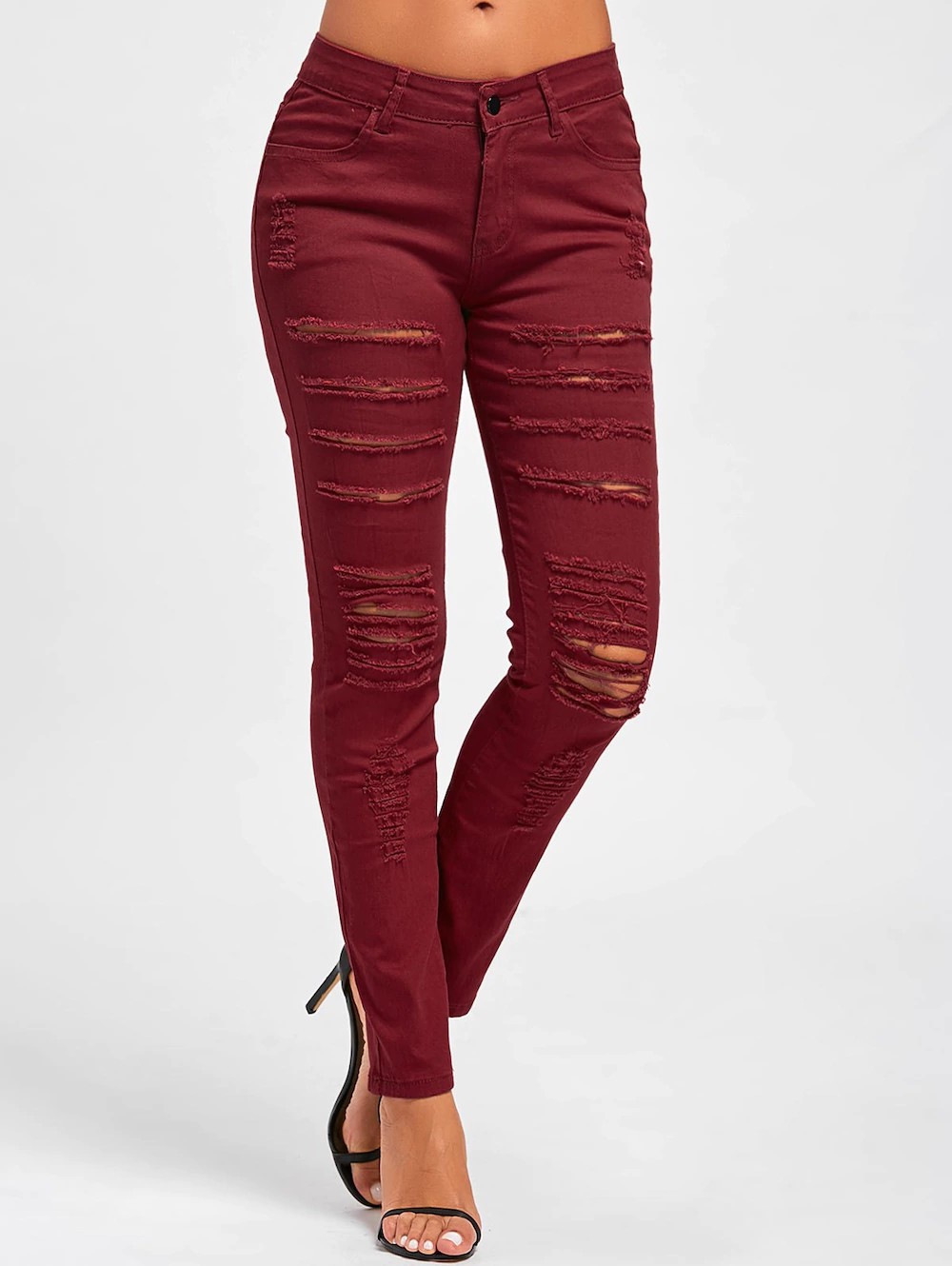 Distressed High Rise Colored Skinny Jeans - Red-0