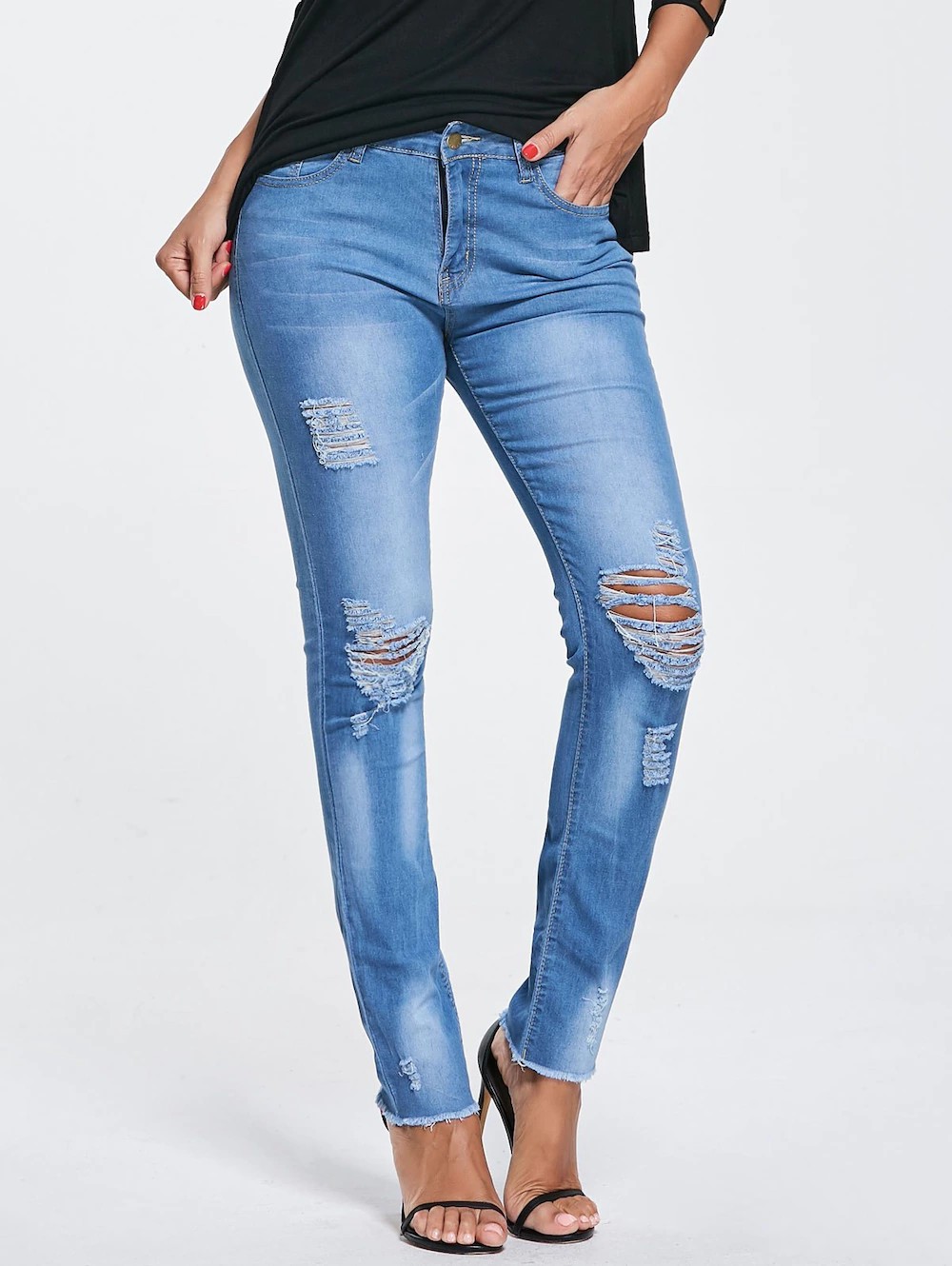 Skinny Frayed Ripped Jeans - Blue-0