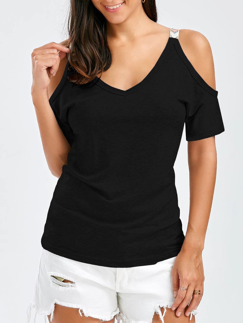 V Neck Cold Shoulder Tee - Black-0