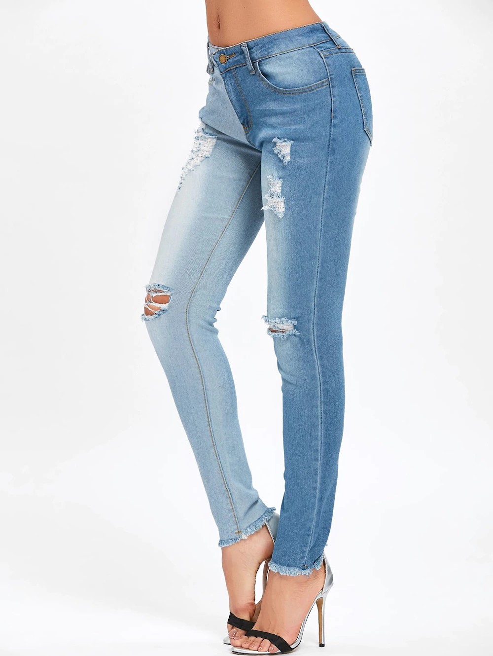 Two Tone Color Ripped Jeans - Blue-0